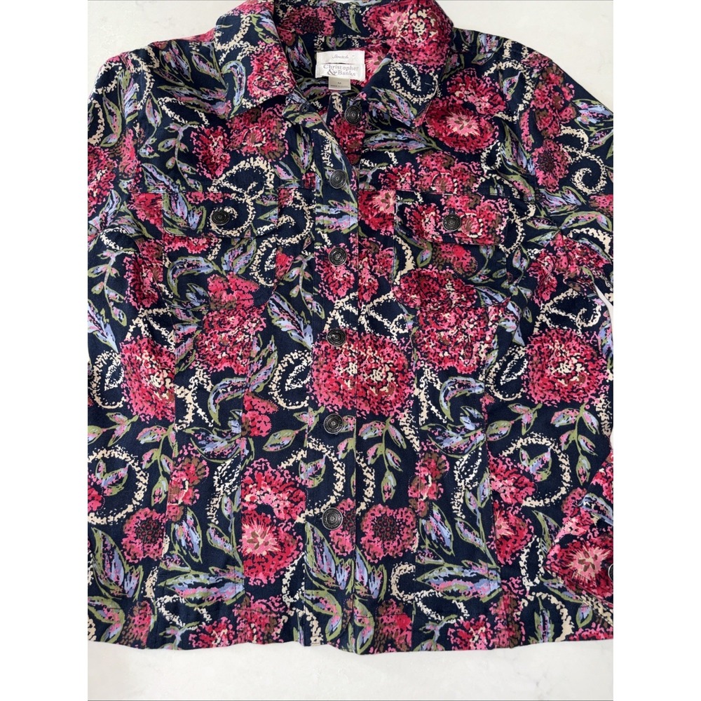 Women's M Christopher and Banks Navy Blue Floral Paisley Print Button Up Jacket